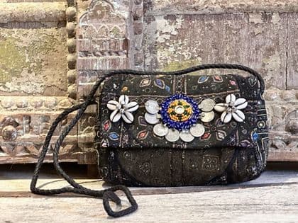 Vintage Afghan Textile Bag with Rupee coins , beads and cowrie shells