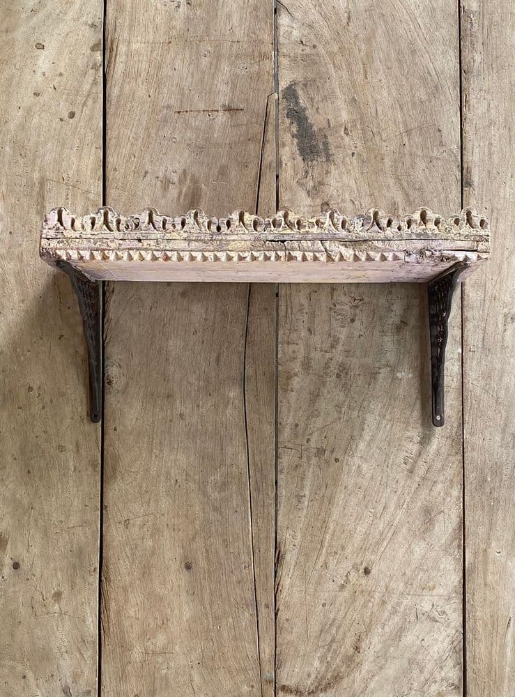 Vintage Bleached Wood Carved Shelf with Iron Brackets 164