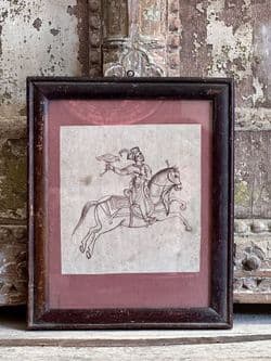 Vintage crayon drawing of a nawab prince with a kestrel on horseback
