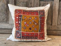 Vintage Embroidery Cushion on Antique Linen with Shells