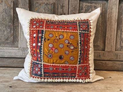 Vintage Embroidery Cushion on Antique Linen with Shells