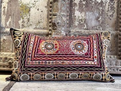Vintage French Linen & Antique Indian Embroidery Cushion