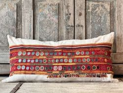Vintage French Linen Bolster Cushion appliqued with a tribal Kutch textile