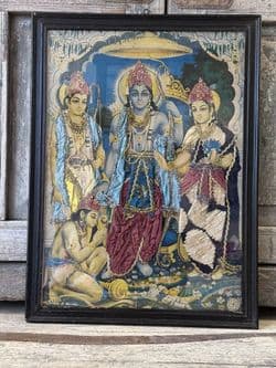 Vintage Hindu Print with Clothing embellishment depicting Ram, Sita, Laxshman & Hanuman