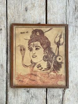 Vintage Ink Drawing of Lord Shiva, depicted with a Trident, Aum symbol & Cobra