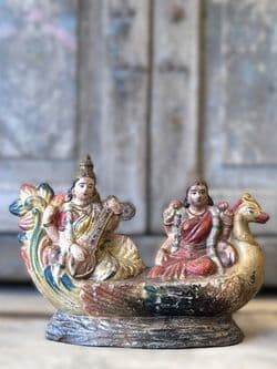 Vintage Polychrome Clay Statue of Laxshmi & Saraswati on a Swan