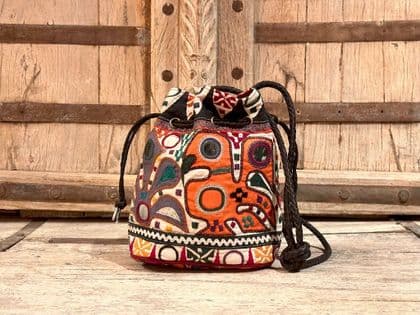 Vintage Potli Tribal Textile Bag with Leather Strap