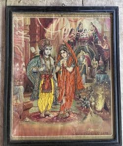 Vintage Print depicting Krishna God of Love with his consort, Radha