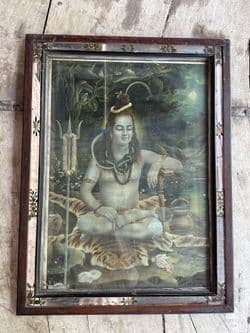 Vintage Print of Lord Shiva in Meditative Pose on a Tiger Skin set in a Mirrored Frame