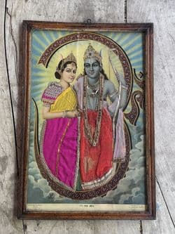 Vintage Print with fabric embellishment of Radha Krishna, the beloved couple of Hindu mythology