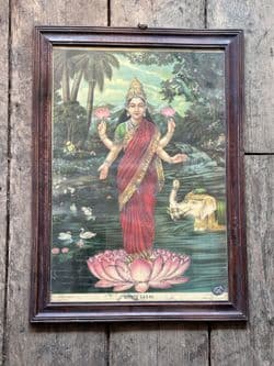 Vintage Ravi Varma Print of Laxshmi, Goddess of Wealth with sequin embellishment