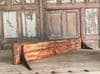 Vintage Teak Shelf with Painted Carved Edging & Iron Brackets