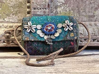 vintage textile bag with cowrie shells, beads and very fine mirrorwork from Gujarat