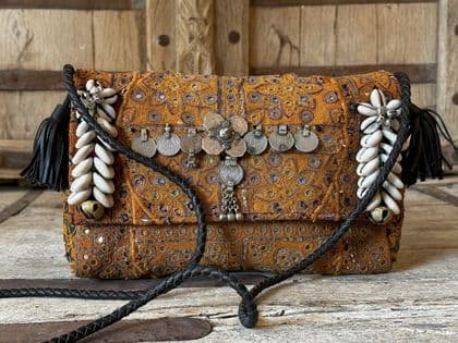 vintage textile bag with shells and coins mustard yellow