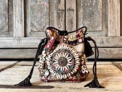 Vintage Tribal Embroidery Mirrored 'Potli' Bag with Leather Strap