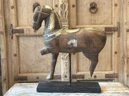 vintage wooden horse with mother of pearl inlay, rajasthan