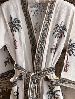 waffle cotton block print dressing gown with palm tree design