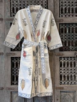 waffle cotton block print dressing gown with Pomegranate design & blue edging