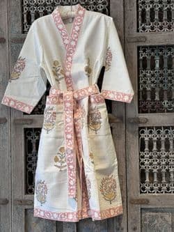 waffle cotton block print dressing gown  with Pomegranate Design & Pink Edging