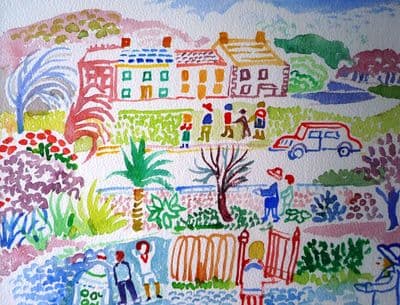 Fred Yates Figures In A Village watercolour painting