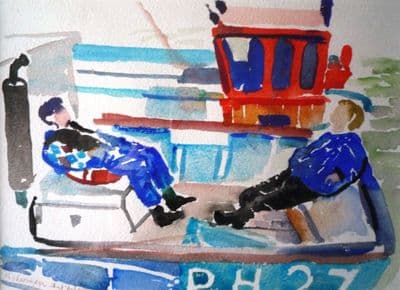 Fred Yates Fishermen in a Trawler watercolour