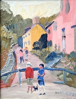 Fred Yates Village Scene oil on board