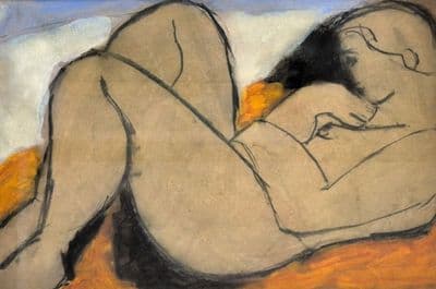 John Emanuel Reclining Figure with orange mixed media painting