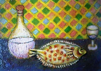 Norman Bray Modern British Still Life Claret Jug with Fish