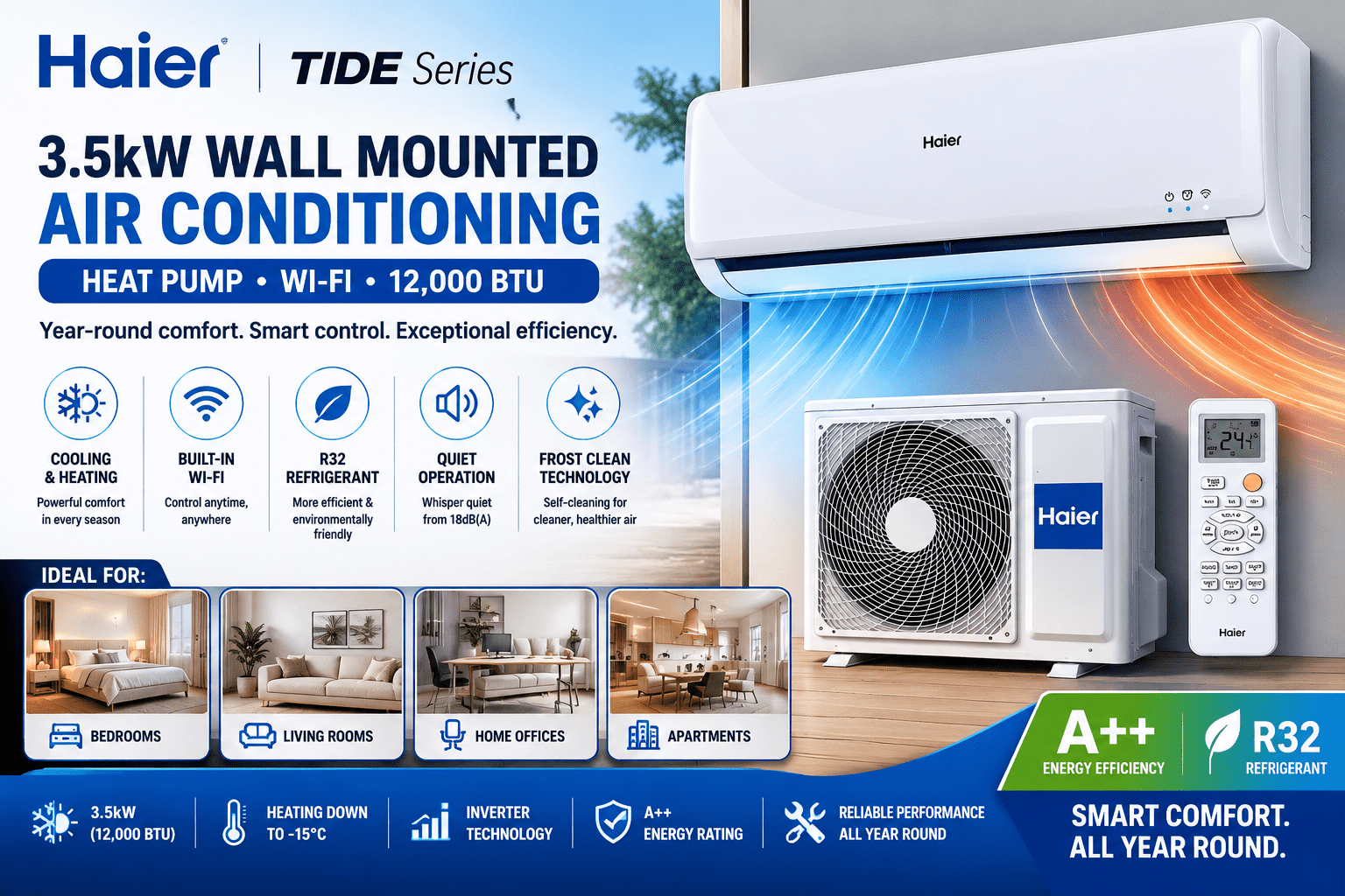 Haier TIDE 3.5kW Wall Mounted Air Conditioning Heat Pump, Affordable Comfort with Built-In Wi-Fi