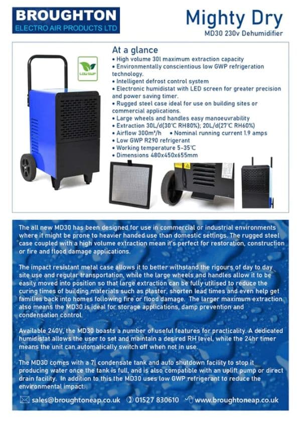Broughton Mighty Dry MDE30 Industrial Commercial Dehumidifier 30 Litre/day 240V~50Hz
