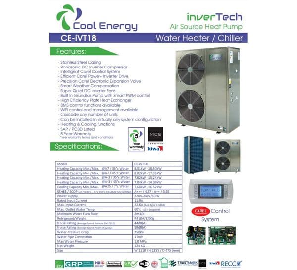 Cool Energy CE-iVT18PP250 inverTech Air Source Heat-pump 8.5kW-18.5kW 250L Tank Installation Kit