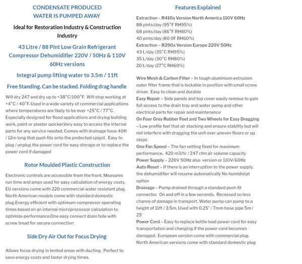 Ecor-Pro EPD170LGR Low Grain Refrigerant Dehumidifier with Water Pump 80 Litre 230V~50Hz/110V~60Hz