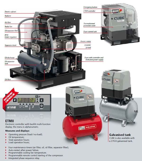 Fini V83PO92FNM401 CUBE 7.5-10-500 500l tank 7.5Kw 10Hp 1050L/min 37.1CFM 10Bar 145PSI 415V