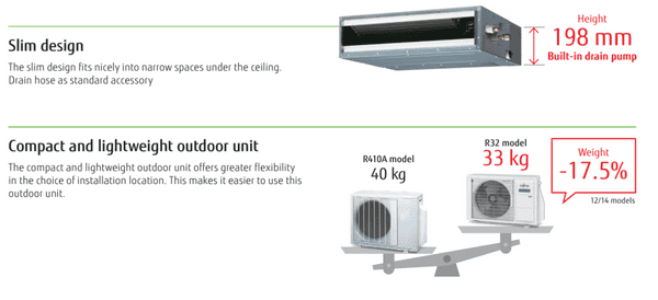 Fujitsu Air Conditioning AIRSTAGE ARXG09KLLAP AOEG09KBTB Slim Duct Heat Pump R32 2.5Kw/9000Btu