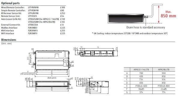 Fujitsu Air Conditioning ARYG12LLTB Slimline Convertible Concealed Duct Heat Pump Inverter (3.5Kw /