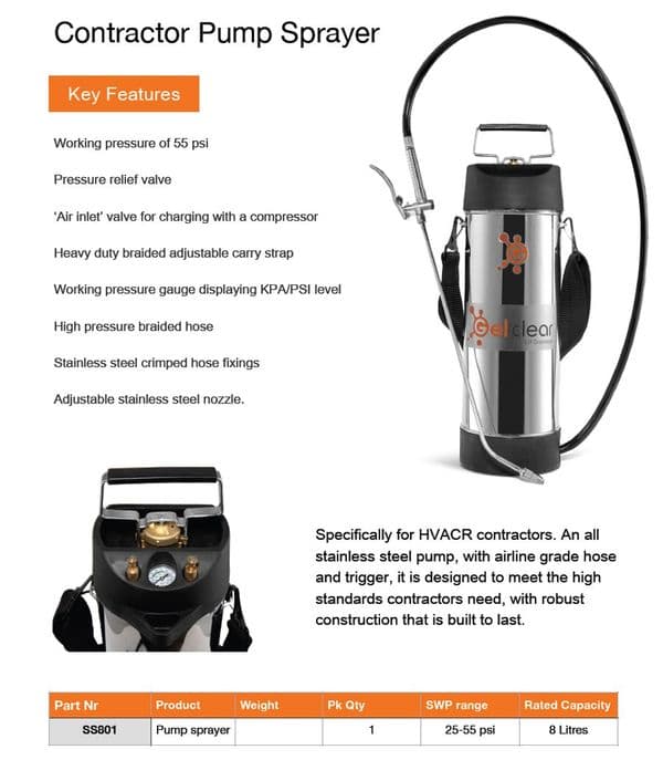 GelClear SS801 Air conditioning and Refrigeration Service Coil Pump Sprayer 25-55 psi 8 Litres Tank