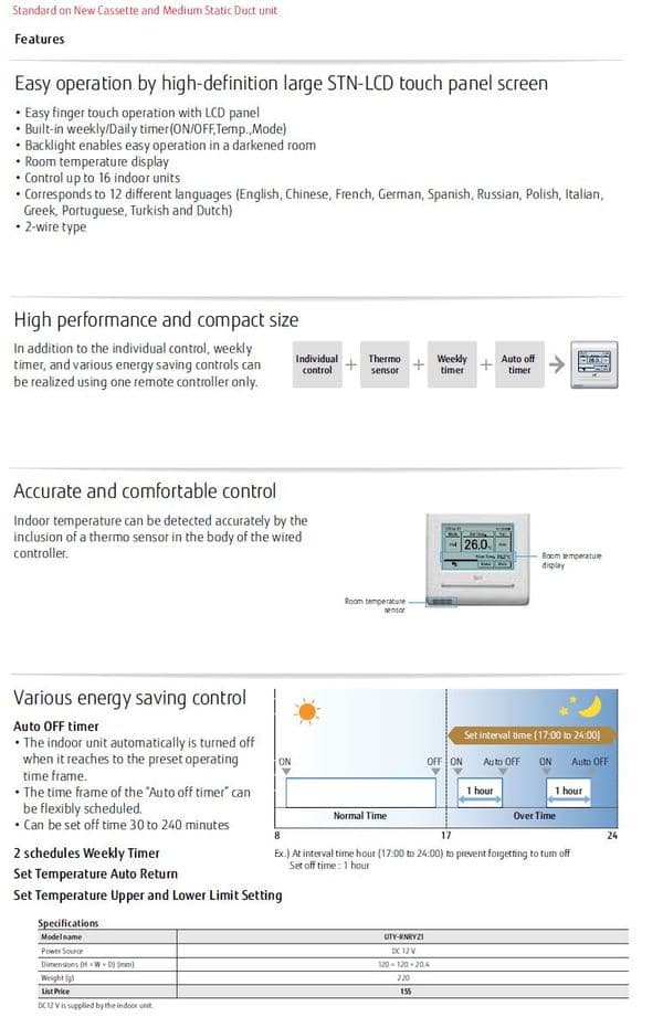 Hard Wired Fujitsu Air Conditioning Wired Remote Controller Touch Panel UTYRNRYZ3