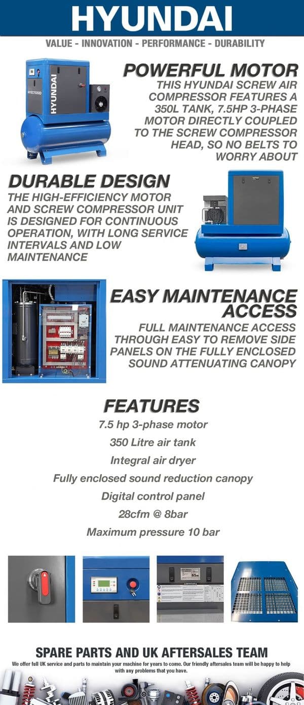 Hyundai Digital 350L Tank Screw Air Compressor HYSC75350D Sound Reduction Air Dryer 7.5Hp 415V~50Hz