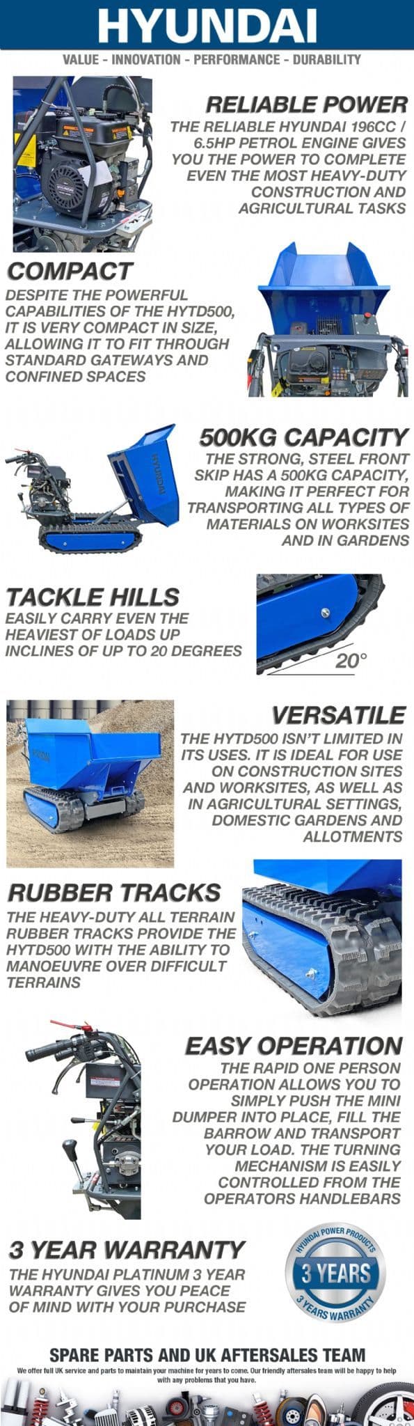 Hyundai Tracked Mini Dumper HYTD500 196cc Petrol 500kg Payload Power Barrow Transporter