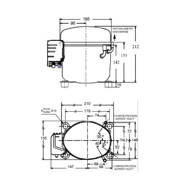 L'Unite Hermetique AE4460Z HBP R22/R404A Compressor Tubed 240V~50Hz