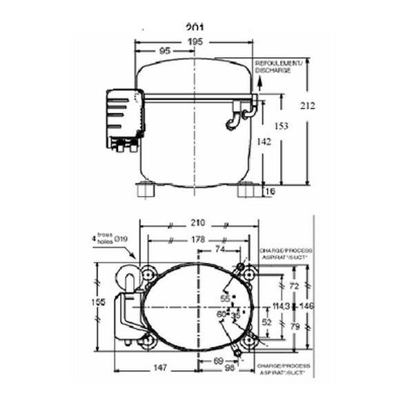 L'Unite Hermetique CAE4456Y HBP R134a/R49 Compressor Tubed 240V~50Hz
