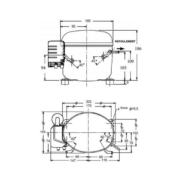 L'Unite Hermetique CAJ9480Z HBP R22/R404A Compressor Tubed 240V~50Hz