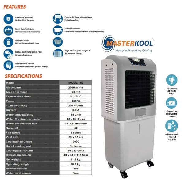 Masterkool iKOOL50 Remote Control Evaporative Air Cooler, Tough Casters And 45 Liter Tank 240V~50Hz