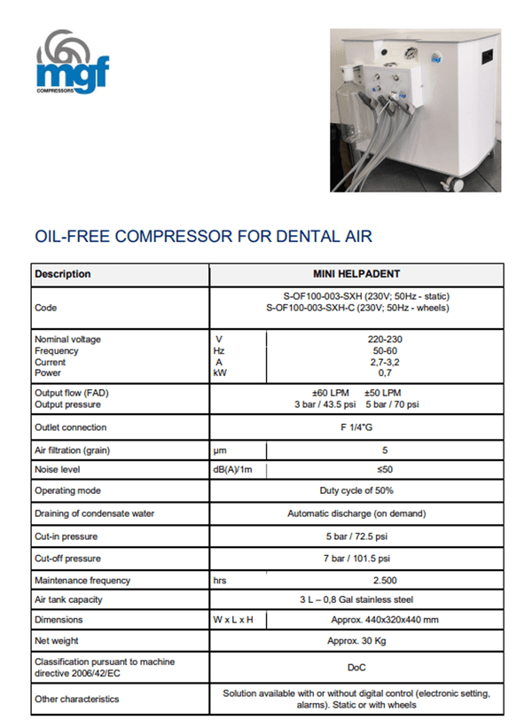 MINI HELPADENT STATICM-S-OF100-003-SXH Veterinary Air Compressor Oil Free 3L Receiver 1.9CFM