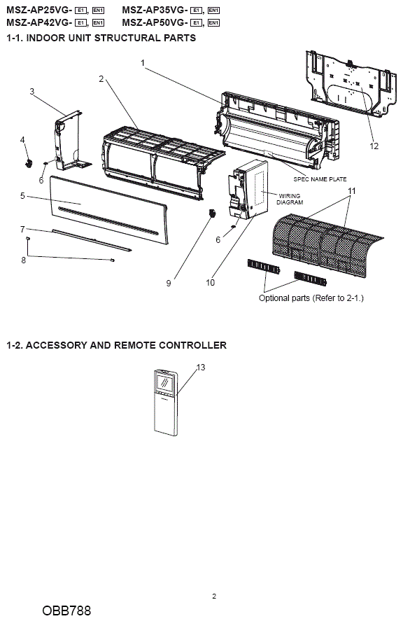 Mitsubishi Electric Air Conditioning G2W001400 333867 REMOTE CONTROLLER MSZ-AP25,35, 42,50VG-E1-EN1