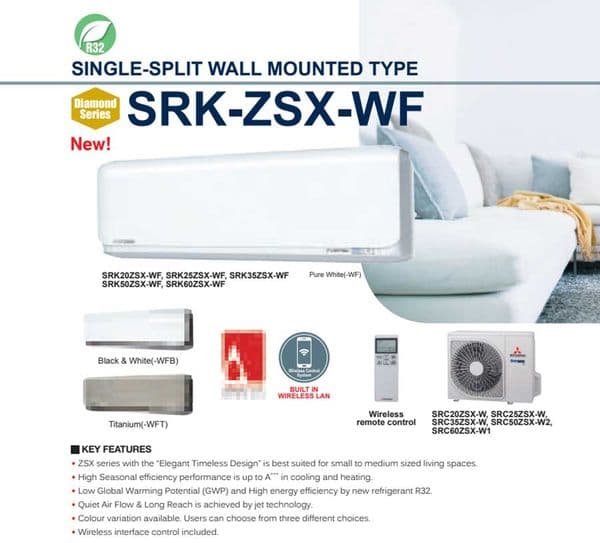 Mitsubishi Heavy Industries Air Conditioning SRK20ZSX-WF Wall Mounted Diamond Plus Wi-Fi Install Kit