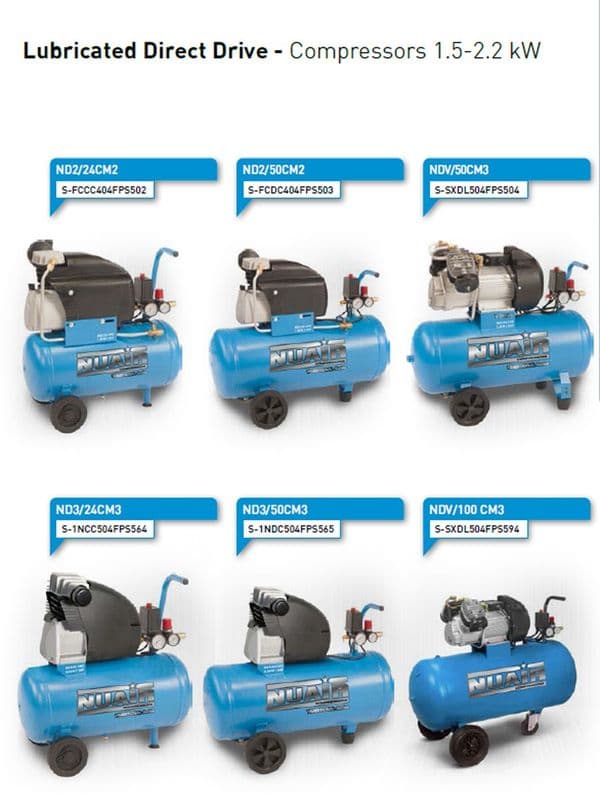 NuAir S-1NDC504FPS565 ND3/50CM3 Portable Air Compressor Direct Drive Lubricated 50L Receiver 10.5CFM