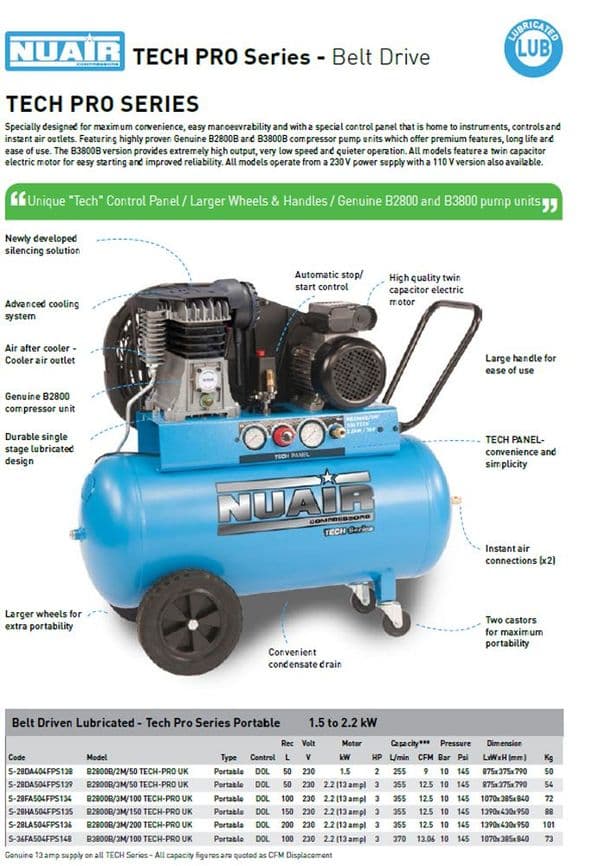 NuAir S-28HA504FPS051 NB2800B/150/3M TECH Air Compressor 2.2kW 3Hp 150Lt 10 Bar, Portable Tech Panel