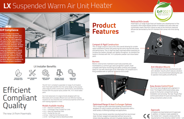 Powrmatic LX50 ErP Suspended Warm Air Unit Heater NG & LPG Fired Options 50Kw/170000Btu 240V~50Hz