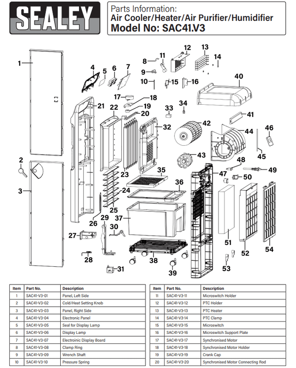 Sealey SAC41 Portable Evaporative Air Cooler With Remote Control 12 Litre Water Tank 240V~50Hz